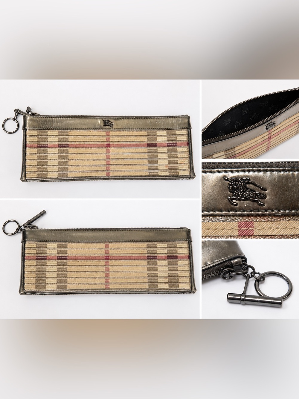 Burberry Check Long Wallet in Beige, Olive and Red Stripe
